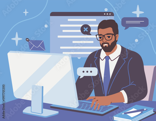Man in suit working on computer with message icons in flat style on blue background, showing office communication and workload concept. Hand-drawn vector illustration