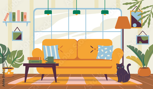 A bright living room with sofa, plants and decor in flat graphic style on a light indoor background, concept of home comfort and relaxation. Hand-drawn vector illustration