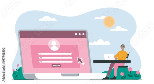 Large login screen beside person using laptop in flat style on outdoor background showing digital access concept. Hand-drawn vector illustration