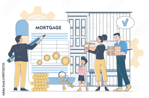 Family with a large mortgage document and moving boxes shown in flat style on a clean home interior background, symbolizing housing finance and ownership. Hand-drawn vector illustration