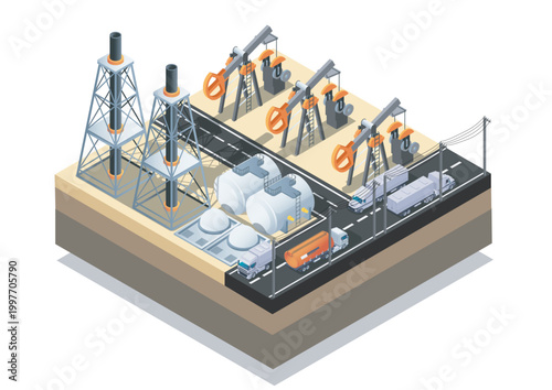 Oil extraction pumps, towers, tanks and transport trucks in isometric style on light background showing concept of energy production industry. Hand-drawn vector illustration