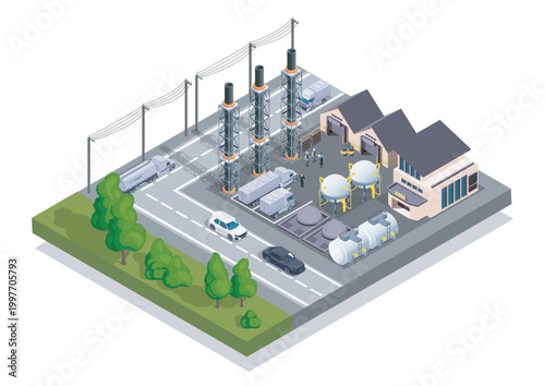 Illustration shows an isometric industrial facility with machinery, storage tanks, vehicles, and workers on a clean background, symbolizing modern industry. Hand-drawn vector illustration