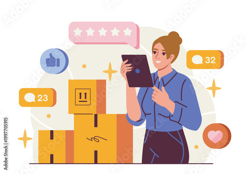 Woman with tablet checking parcels in flat style on light background, concept of online feedback and delivery process. Hand-drawn vector illustration