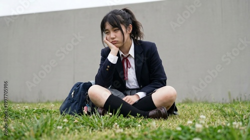The image captures the heavy, listless weight of adolescent ennui. It’s a metaphor for the quiet friction between the vibrant potential of youth and the dull, grey expectations of academic life.