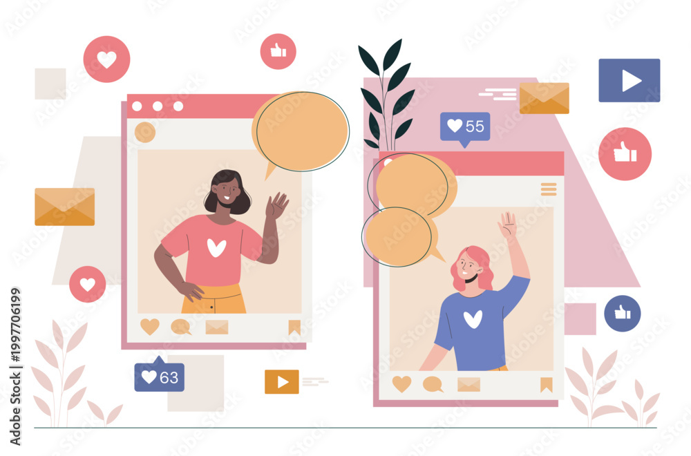 Fototapeta premium Two people in social media frames waving in a clean cartoon style on a light background, showing communication and online connection concept. Hand-drawn vector illustration