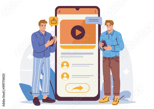 Fotografie Two people using smartphones near a large mobile interface, in a flat cartoon style, on a light background, showing a communication concept