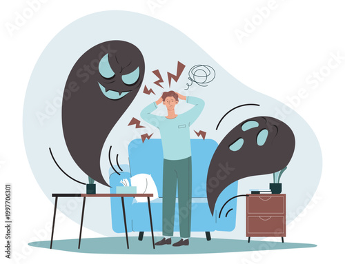 Scene showing a worried person surrounded by dark ghostlike shapes in a flat graphic style on a light background, expressing anxiety concept. Hand-drawn vector illustration