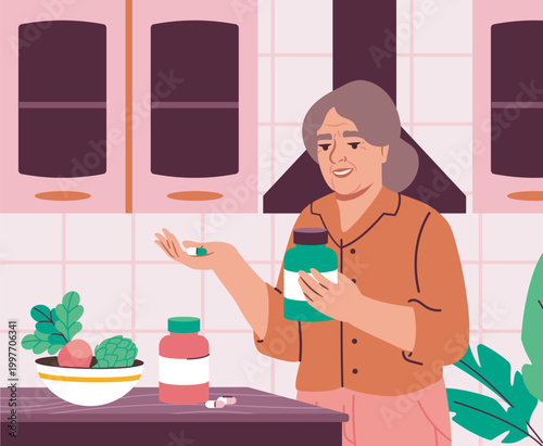 An older adult holding supplements in a kitchen, shown in a flat graphic style on a light background, conveying wellness and healthy living. Hand-drawn vector illustration
