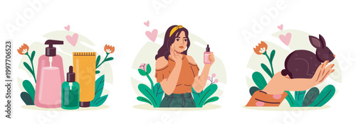Skincare products, a woman applying serum and a hand holding a bunny in a flat style on a floral background, concept of cruelty free beauty. Hand-drawn vector illustration