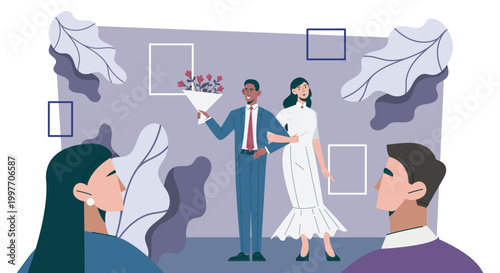 A couple standing together holding flowers in a flat graphic style on a soft abstract background, symbolizing love and celebration. Hand-drawn vector illustration