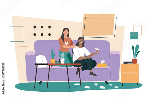 Two people on a couch, one comforting a sick companion in flat graphic style on a home interior background, expressing support and care. Hand-drawn vector illustration