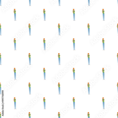 Seamless pattern featuring a cartoon woman backpacker ready for travel and exploration