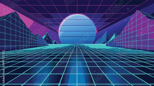 Retro synthwave landscape with a glowing blue sun and neon grid floor in a digital 1980s aesthetic virtual reality environment