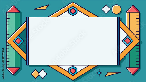 Blank rectangular frame with geometric school supplies and colorful abstract shapes for educational presentation background