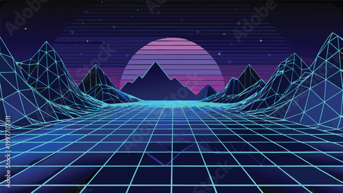 Retro synthwave landscape with glowing neon grid floor and purple sun over wireframe mountains in a futuristic digital environment