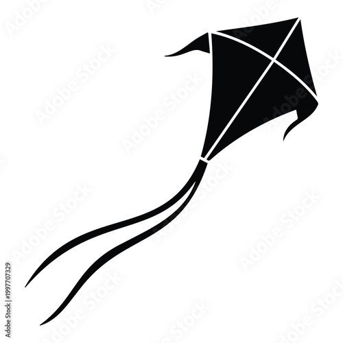 Flying kite silhouette soaring in sky with long ribbons and tail art vector illustration.