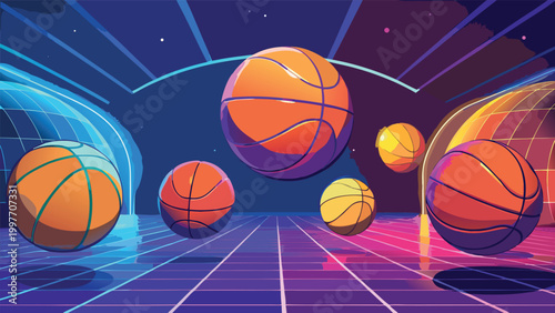 Floating basketballs in a futuristic neon sports arena with glowing grid floor and vibrant purple blue lighting for digital gaming concept