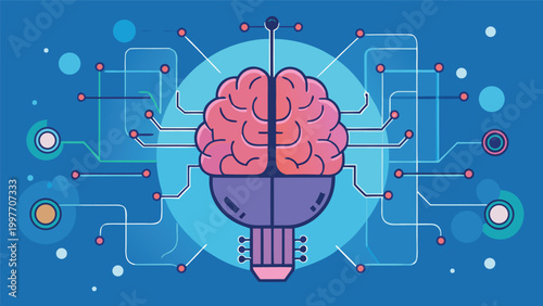 Artificial intelligence conceptual illustration with a digital human brain integrated into a lightbulb circuit design on a blue background