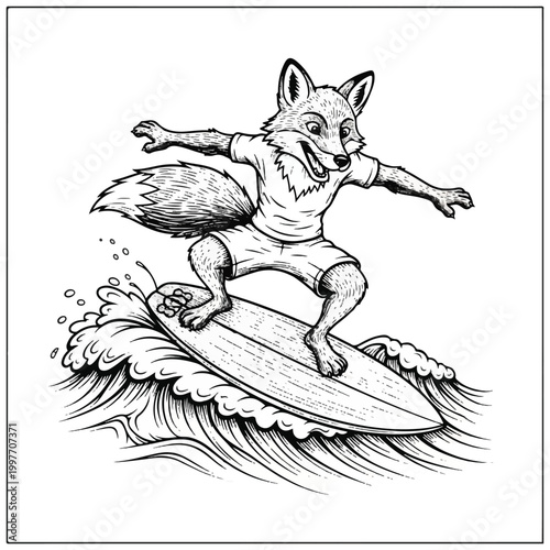 Fox Riding Surfboard on Ocean Waves.
