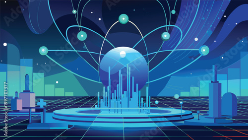 Futuristic digital city with glowing atom structure and network connectivity representing advanced technology and scientific innovation