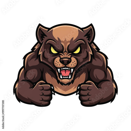 Muscular cartoon bear with aggressive expression.
