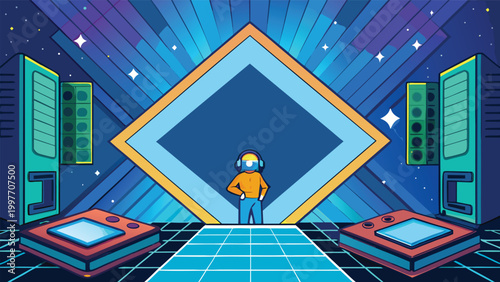 Futuristic gamer standing in a neon digital metaverse portal with retro handheld consoles and server towers in a vibrant synthwave style