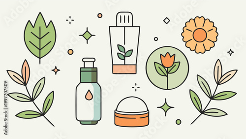 Set of organic skincare icons featuring natural cosmetic products and botanical elements in a modern flat line art style for beauty branding