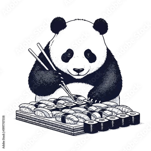 Panda eating sushi with chopsticks slowly.