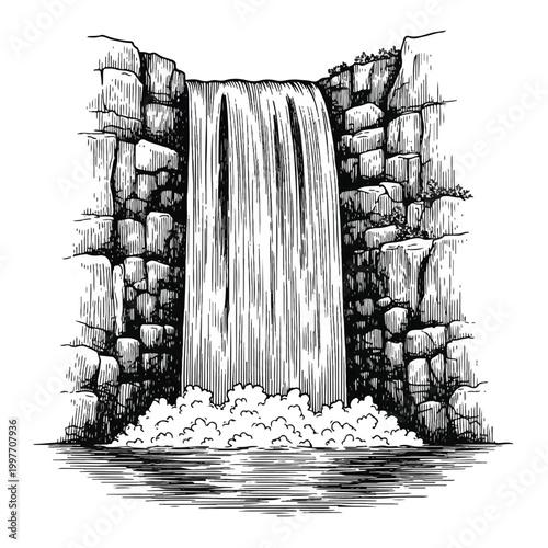 Waterfall flowing down stone wall edge.