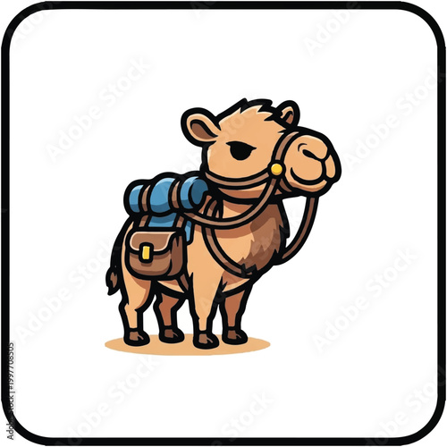 Cartoon camel with saddle and pack.