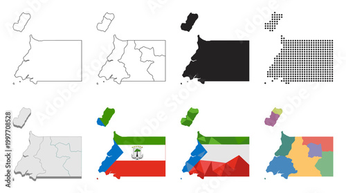 Equatorial Guinea map set with regions outline silhouette flag colors and dotted geometric styles vector
