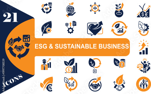 ESG & SUSTAINABLE BUSINESS: esg, sustainable, business, icons, sustainability, eco, environment, csr, corporate, social, responsibility, green, ecology, economy, finance, growth, development, planet