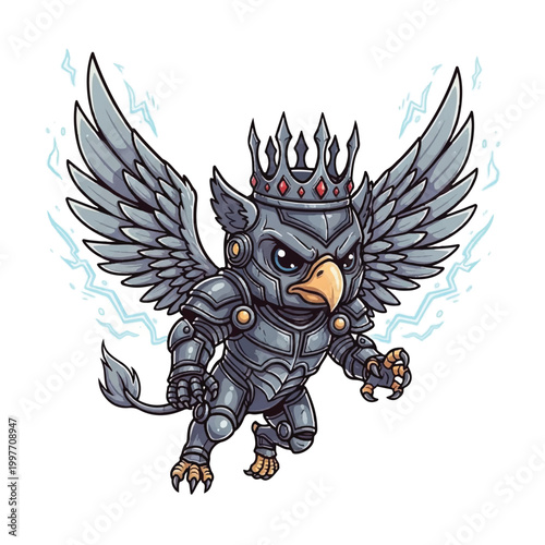 Cartoon bird wearing armor crown.
