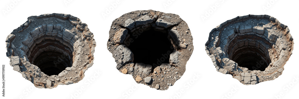 Fototapeta premium Deep Dark Round Well or Hole in Ground Isolated on White Background for Mystery Conceptual Architecture and Landscaping Design