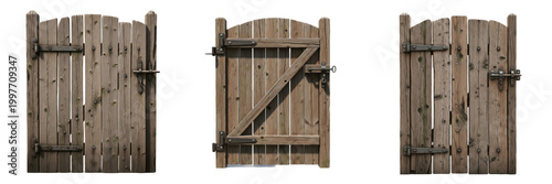 Fotografie Rustic Wooden Garden Gate with Metal Hardware Isolated on White Background for F