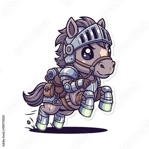 Cartoon horse wearing armor and helmet.