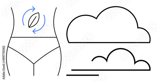 Wellness, body care, sustainable living, eco-friendly concepts, natural health, climate connection. Abstract female body with leaf and clouds in minimal style. Wellness and body care