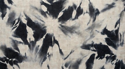 Abstract indigo blue shibori tie dye pattern on textured white linen fabric background
