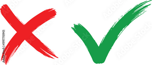3D green check mark and red cross symbols representing approval and rejection choices in a clear and simple icon style