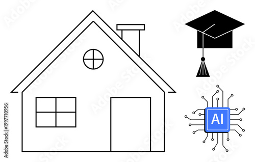 Smart home, e-learning, innovation, artificial intelligence, modern technology, education. Outline of a house, a graduation cap and an AI chip. Smart home and e-learning concept