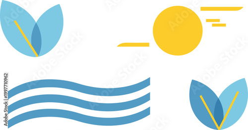 Simple vector set of summer beach icons with ocean waves fish sun birds and nature elements in blue design