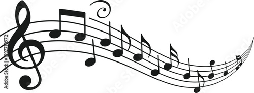 Simple vector illustration of musical notes and a treble clef on a white background in a clean classical style