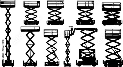 set of scissor lift machine silhouette, black and white silhouette, vector and illustration
