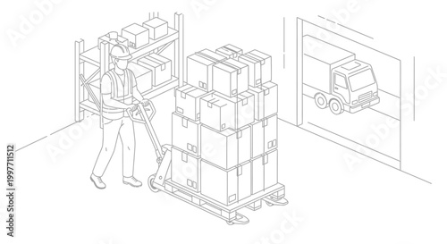 Warehouse worker moving boxes with a pallet jack near a loading dock and truck.