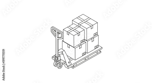 Isometric line drawing of a hand pallet truck lifting a wooden pallet with four cardboard boxes, representing warehouse logistics.