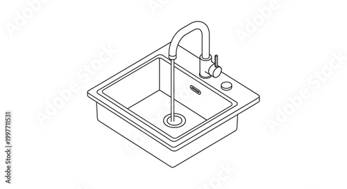 Line drawing of a modern kitchen sink with a tall faucet, showing water flowing into the basin, depicted in an isometric view.