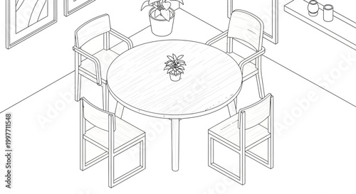Isometric line drawing of a modern dining room with a round table and four chairs, featuring potted plants and wall art.