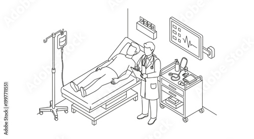Isometric line art illustration of a doctor examining a patient in a hospital room with medical equipment.