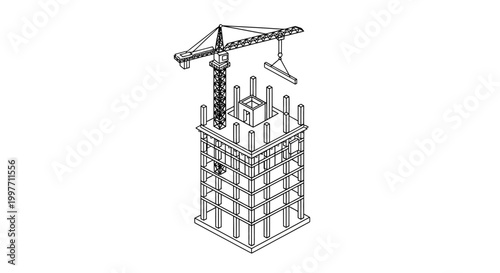 Isometric line art illustration of a tower crane constructing a multi-story building frame on a white background.