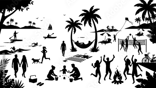 Vector illustration set of silhouette people enjoying summer vacation
